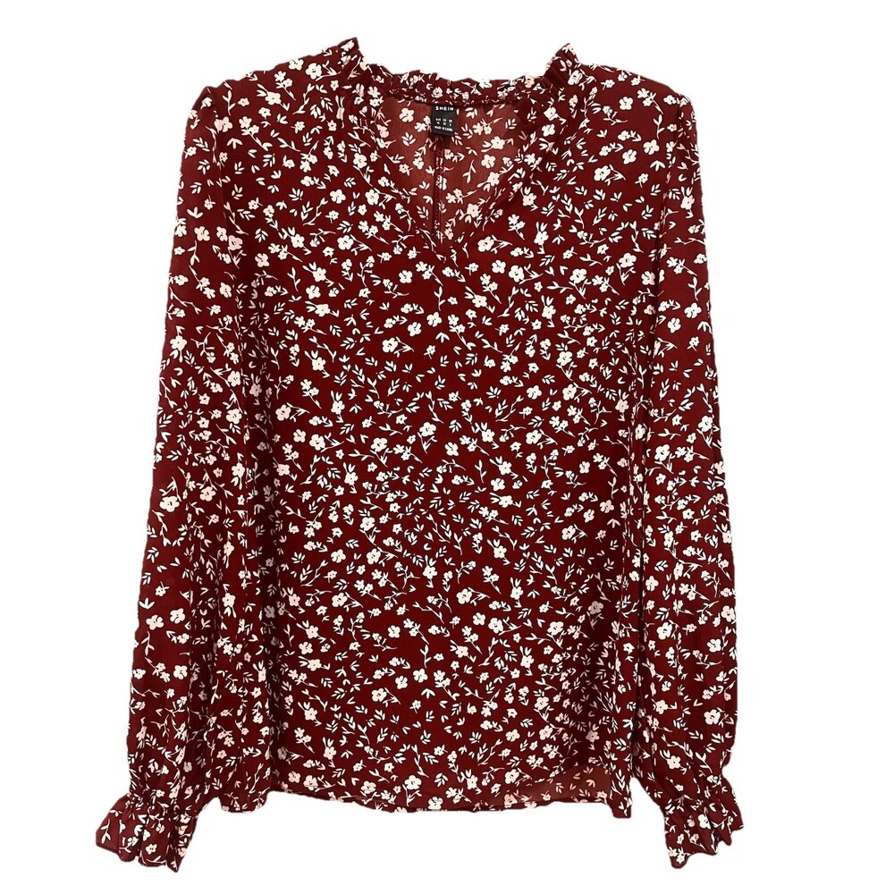NWOT SHEIN Brick Red Ditsy Floral Long Sleeve Ruffle Blouse Size M - Picture 3 of 9